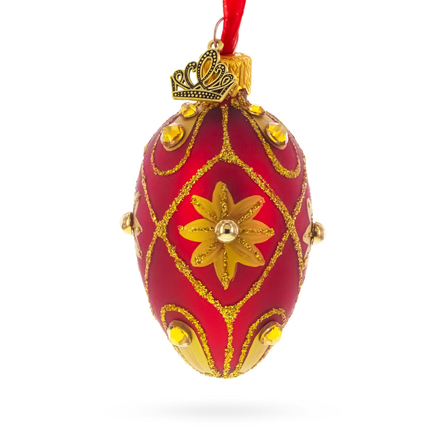 Red with Gold Floral and Jewel Accents Mini Glass Egg Ornament 2.9 Inches
