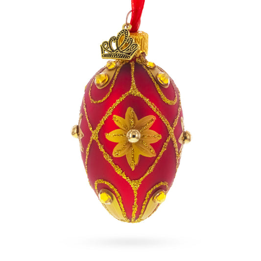 Red with Gold Floral and Jewel Accents Mini Glass Egg Ornament 2.9 Inches