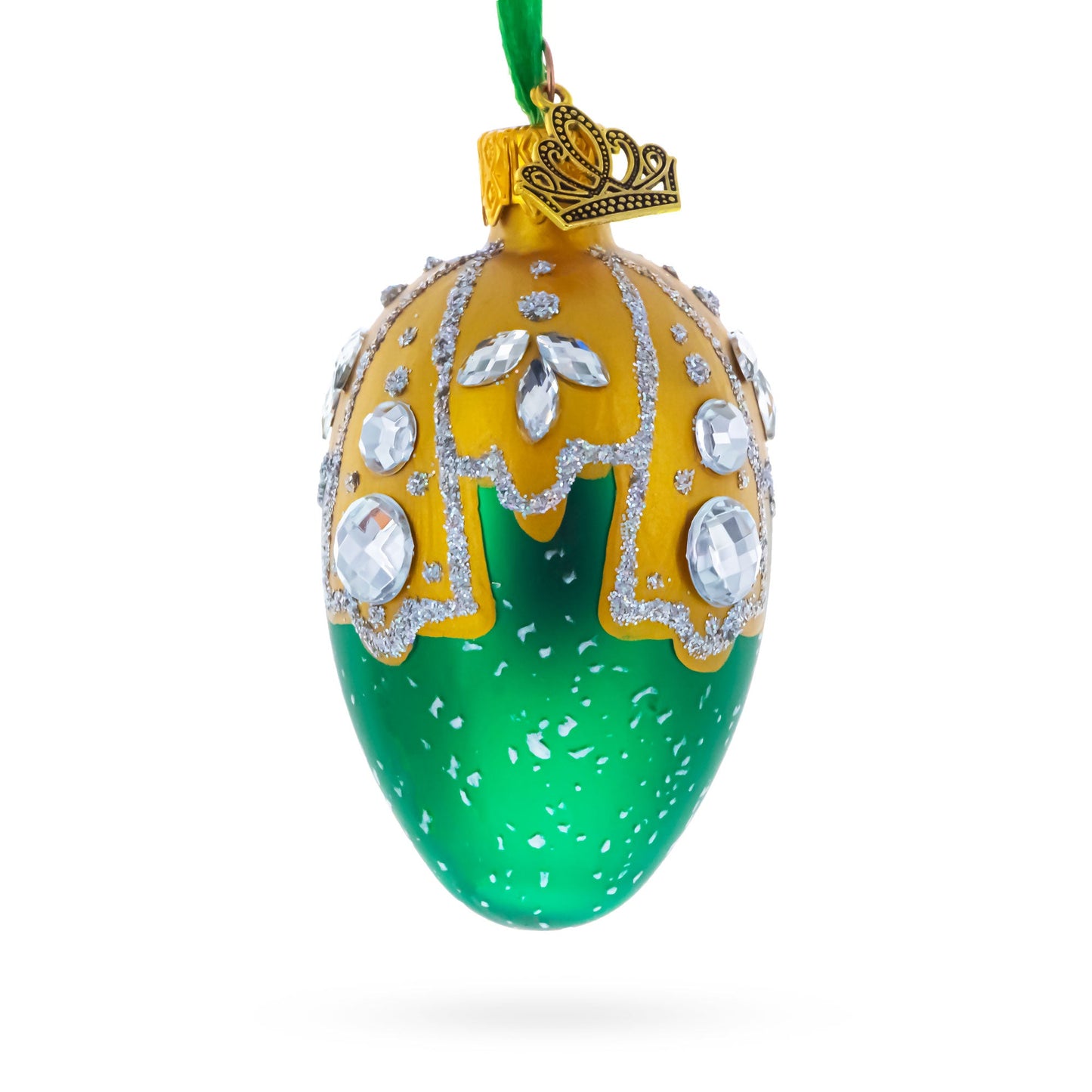 Green with Gold and Clear Jewel Accents Mini Glass Egg Ornament 2.9 Inches