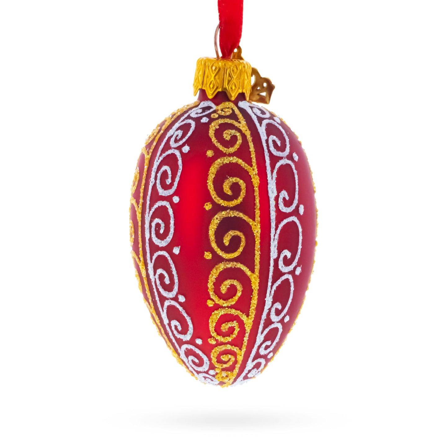 Red with Gold and White Swirl Design Mini Glass Egg Ornament 2.9 Inches