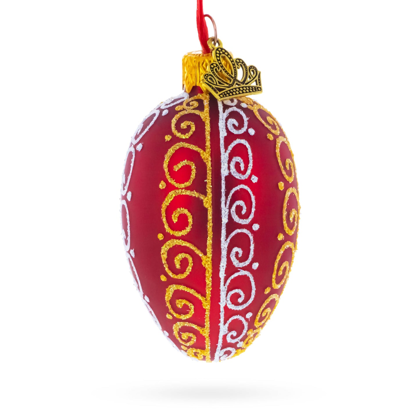 Red with Gold and White Swirl Design Mini Glass Egg Ornament 2.9 Inches