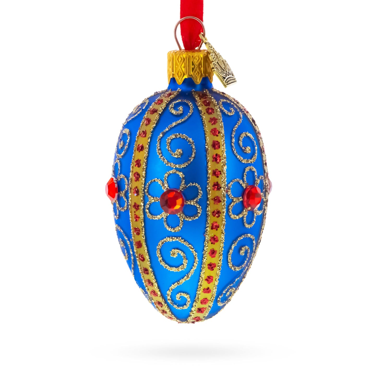 Royal Blue with Gold and Red Gem Accents Mini Glass Egg Ornament 2.9 Inches