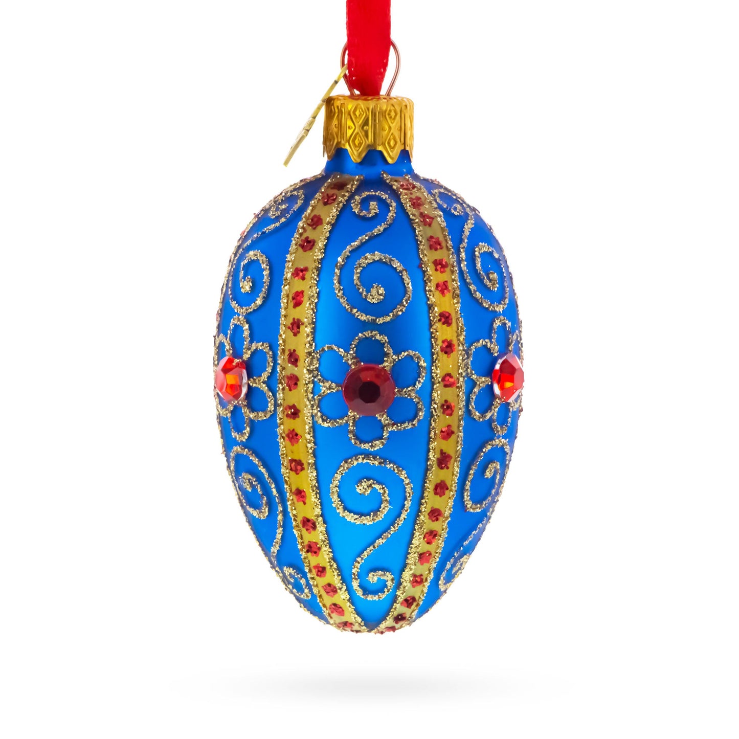 Royal Blue with Gold and Red Gem Accents Mini Glass Egg Ornament 2.9 Inches