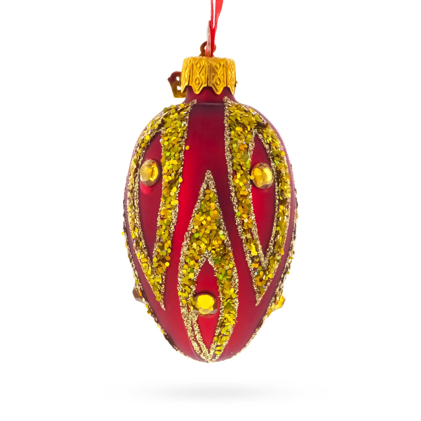Red with Gold and Green Glitter Flame Design Mini Glass Egg Ornament 2.9 Inches
