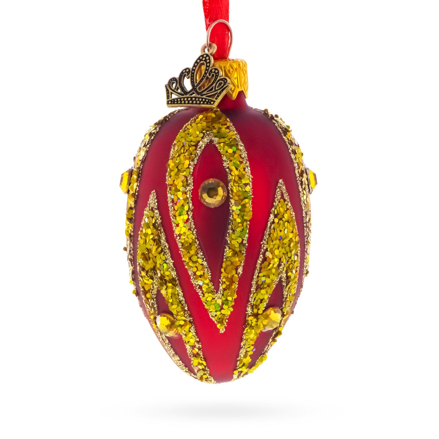 Red with Gold and Green Glitter Flame Design Mini Glass Egg Ornament 2.9 Inches