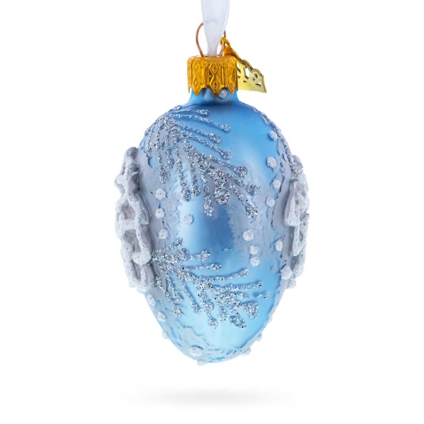 Icy Blue with Silver Pinecone and Snow Design Mini Glass Egg Ornament 2.9 Inches