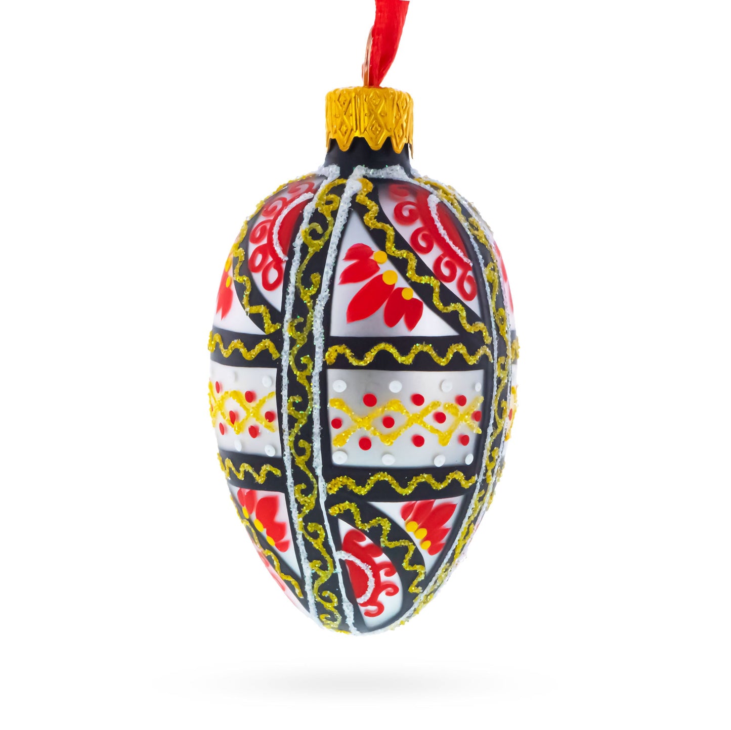 Ukrainian Geometric Red and Gold Mini Glass Egg Ornament 2.9 Inches