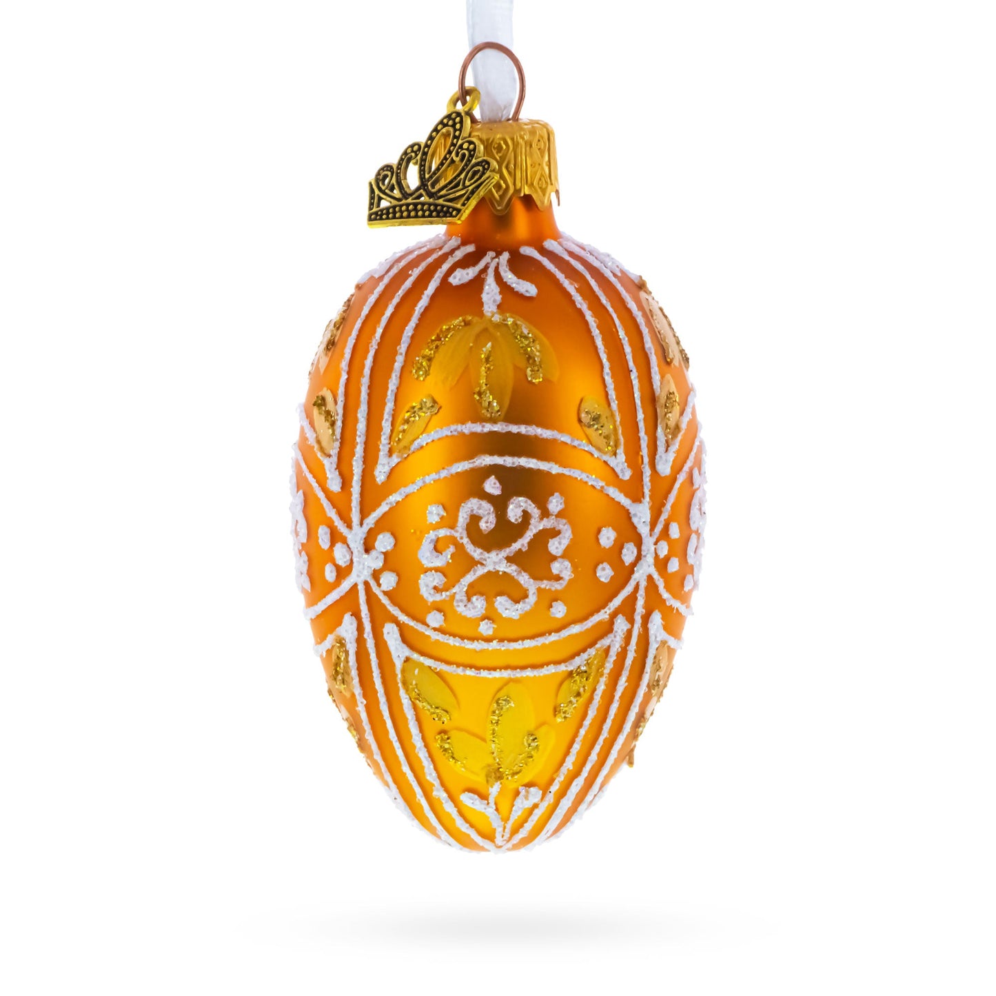Amber Gold with White and Gold Filigree Design Mini Glass Egg Ornament 2.9 Inches