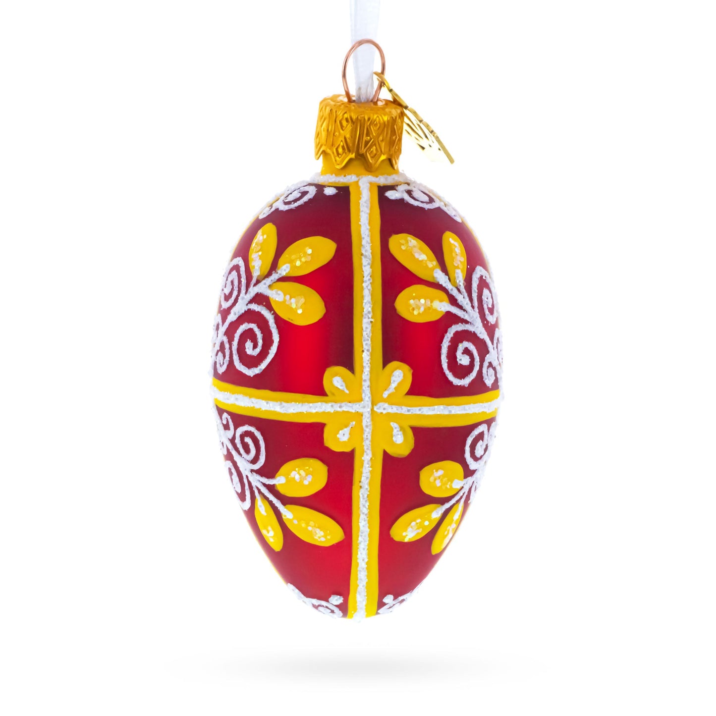 Red and Gold Swirl Design Mini Glass Egg Ornament 2.9 Inches