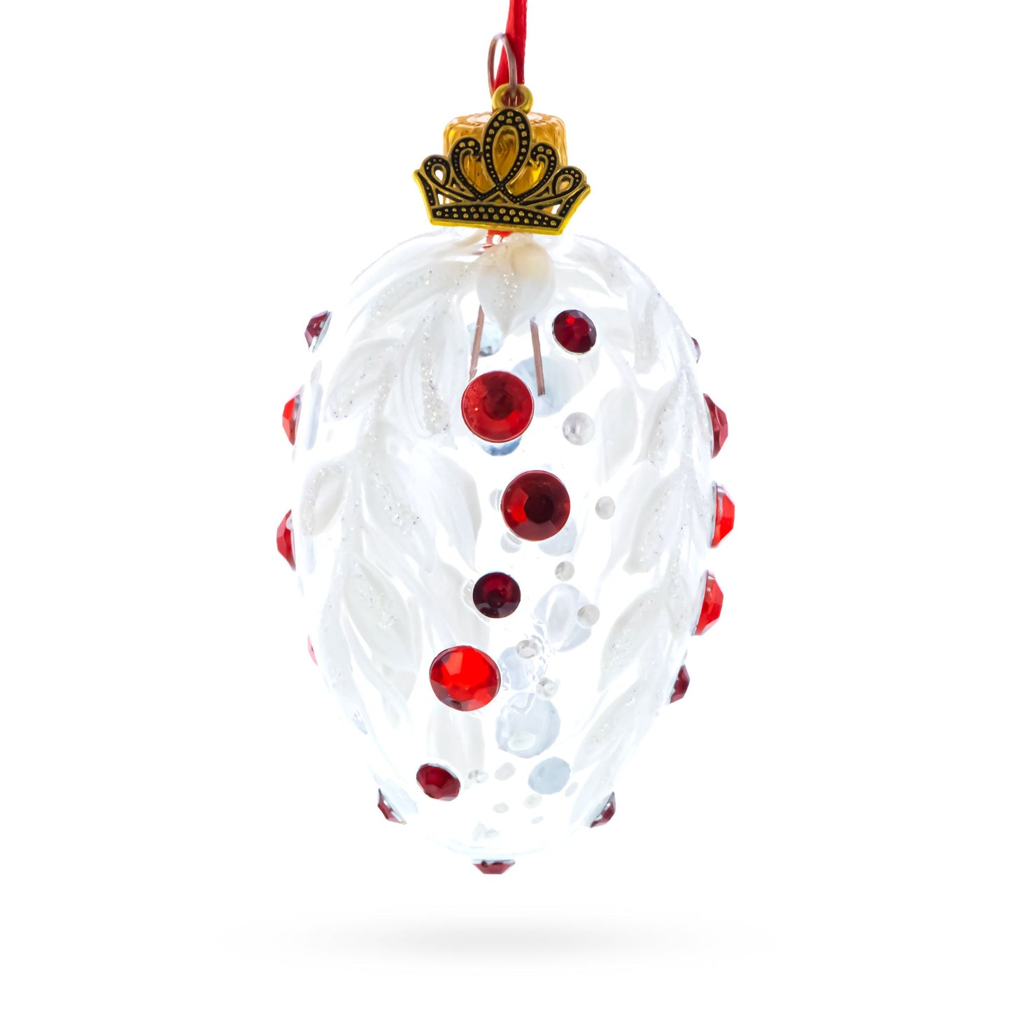 White with Red Gem Accents and Leaf Design Mini Glass Egg Ornament 2.9 Inches