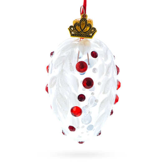 White with Red Gem Accents and Leaf Design Mini Glass Egg Ornament 2.9 Inches