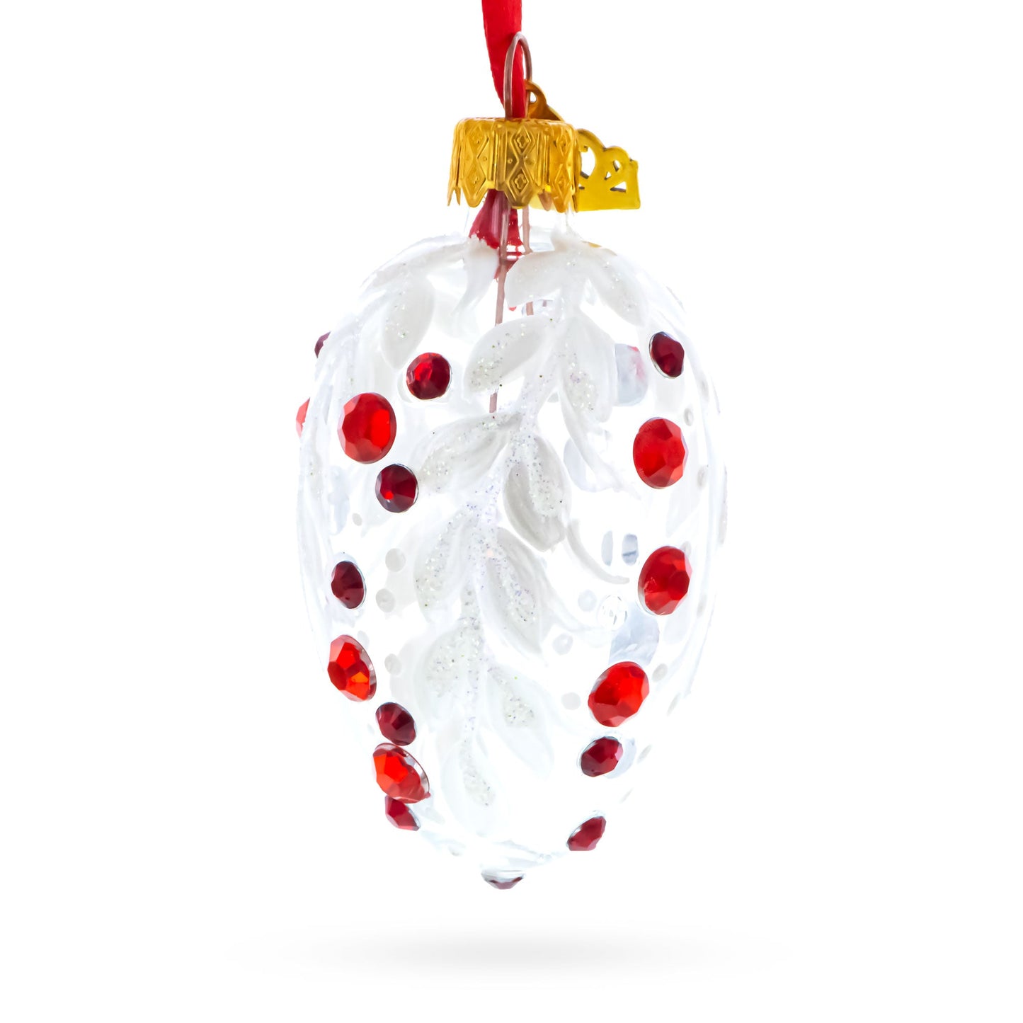 White with Red Gem Accents and Leaf Design Mini Glass Egg Ornament 2.9 Inches