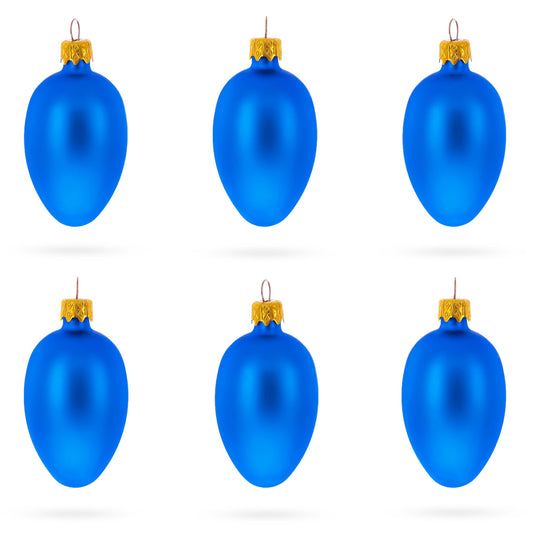 Set of 6 Matte Blue  Mini Glass Egg Ornaments 2.9 Inches