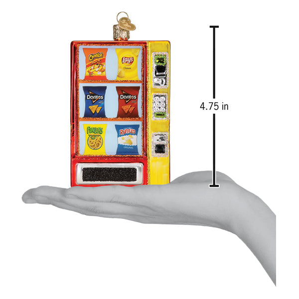 Frito Lay Vending Machine Glass Ornament shown being held, featuring snacks like Cheetos and Ruffles, measuring 4.75 in.