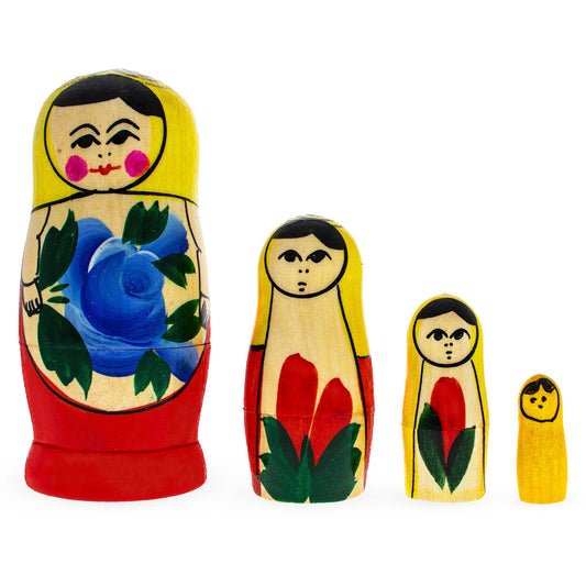 4 Pieces Girl with Yellow Scarf Matryoshka Wooden Nesting Dolls