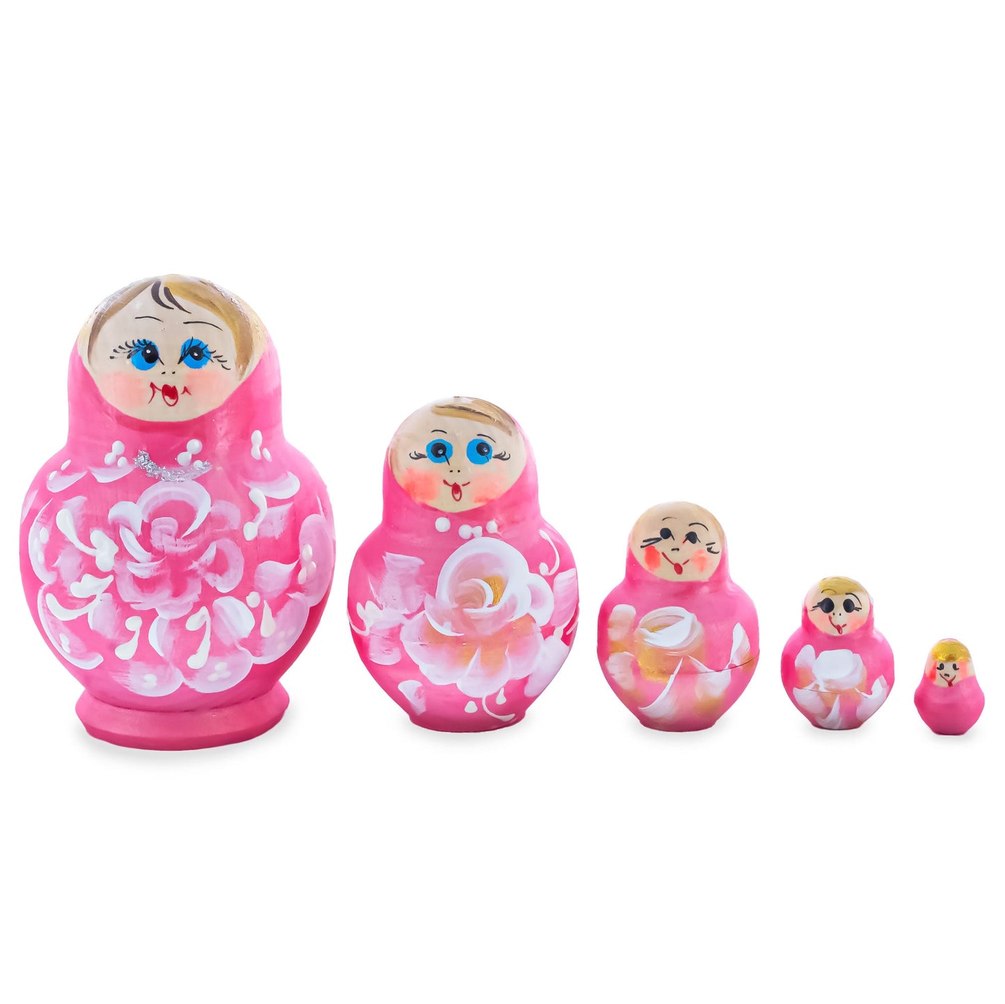 Light Pink Color with White Flowers Wooden  Nesting Dolls