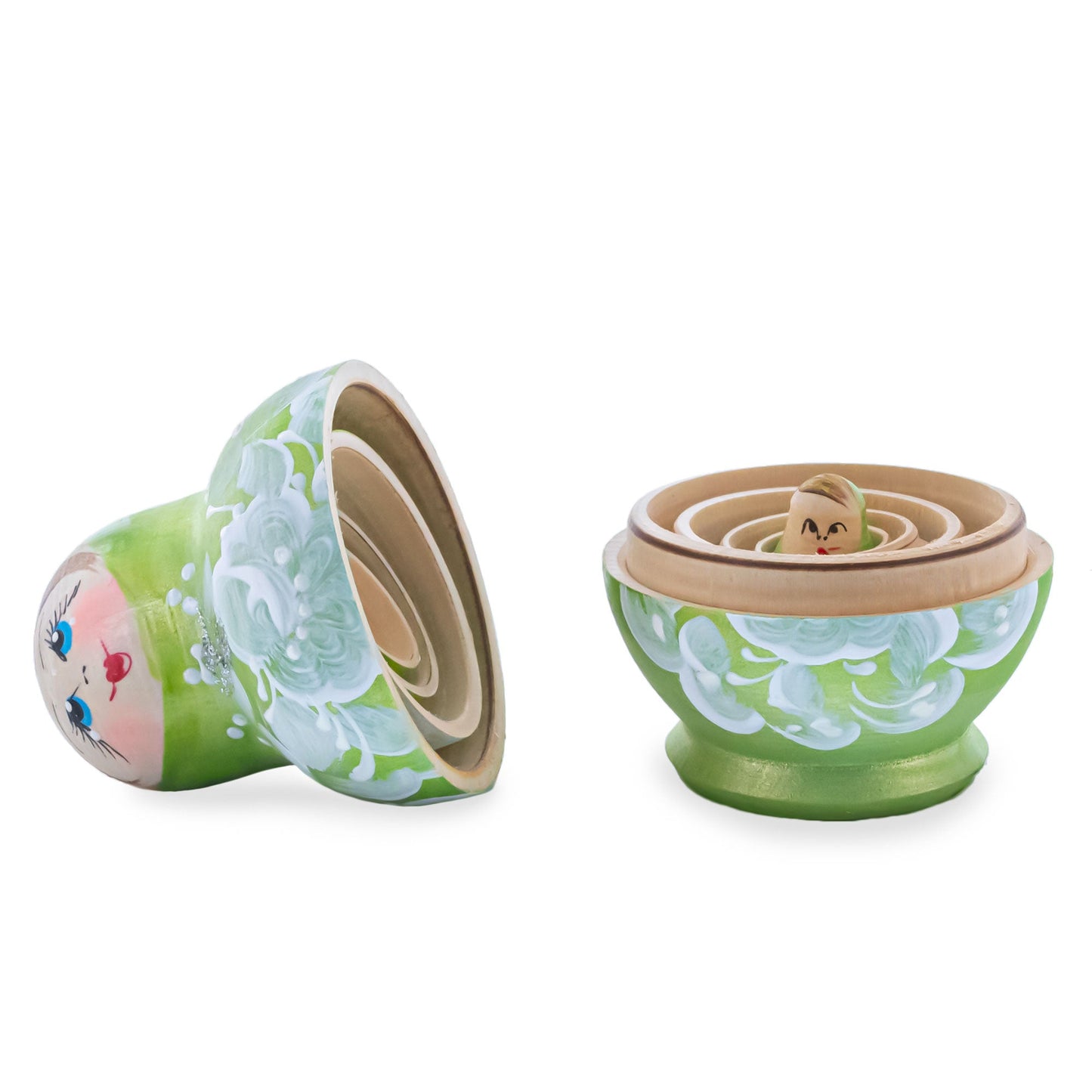 Green Color with White Flowers Wooden  Nesting Dolls