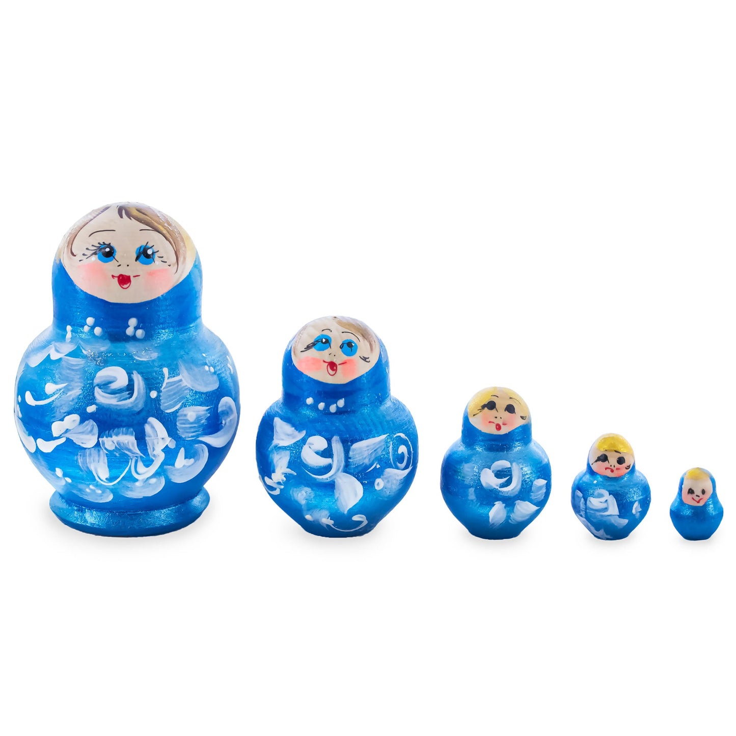 Blue Color with White Ornament Wooden  Nesting Dolls