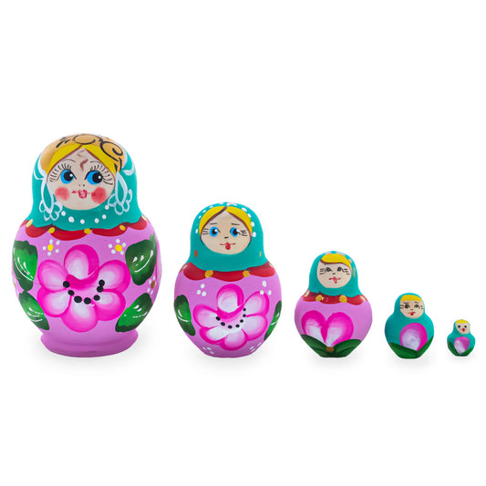 Green Hood with Pink Flower Pink Wooden  Nesting Dolls