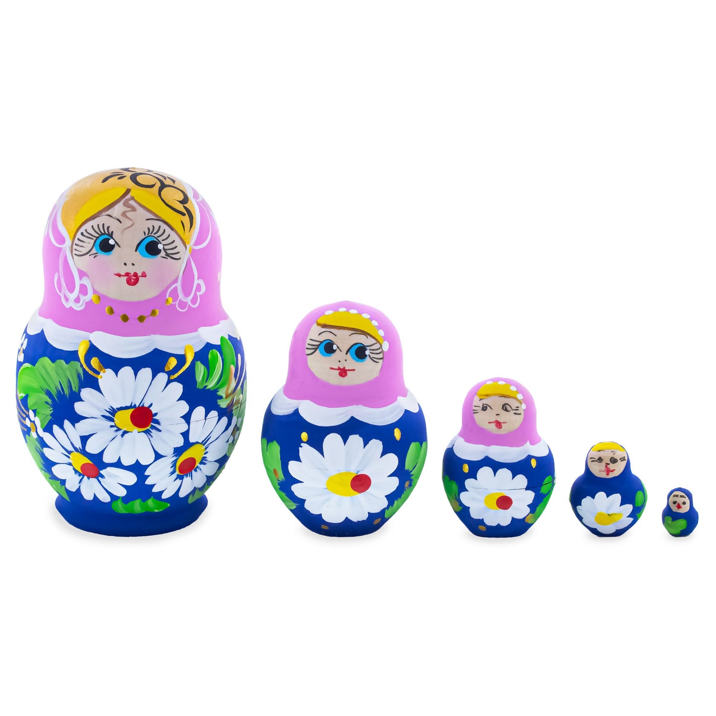 Pink Hood with White Flowers Wooden  Nesting Dolls