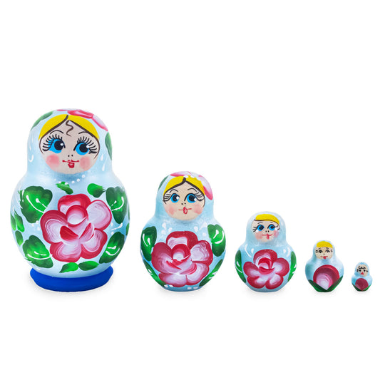 Light Blue Color with Red Flower Wooden  Nesting Dolls