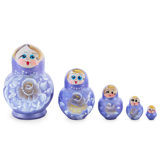 Purple Color with White Color Flowers Wooden  Nesting Dolls