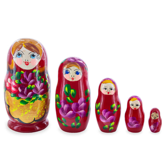 Red Color with Purple and Orange Flowers Wooden  Nesting Dolls