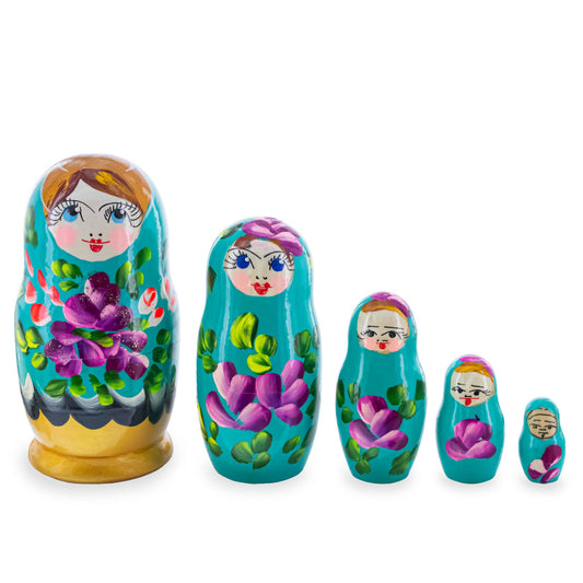 Green Hood with Purple and Orange Flowers Wooden  Nesting Dolls