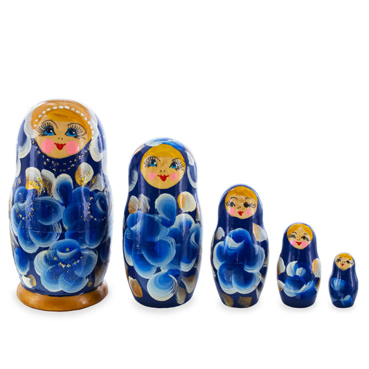 Blue Color with Blue Flowers Wooden  Nesting Dolls