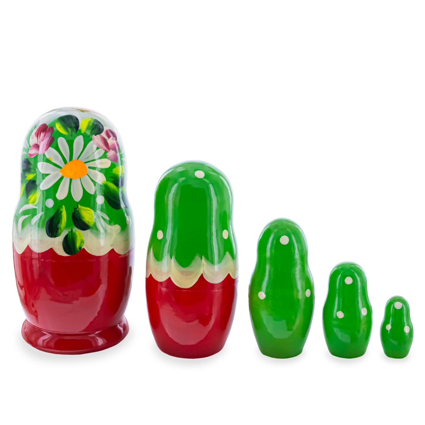 Green Hood with Gold Flowers and Berries Wooden  Nesting Dolls