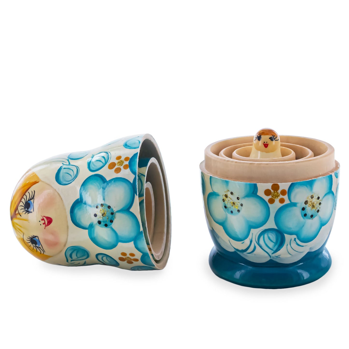 White Hood with Blue Flowers Wooden  Nesting Dolls