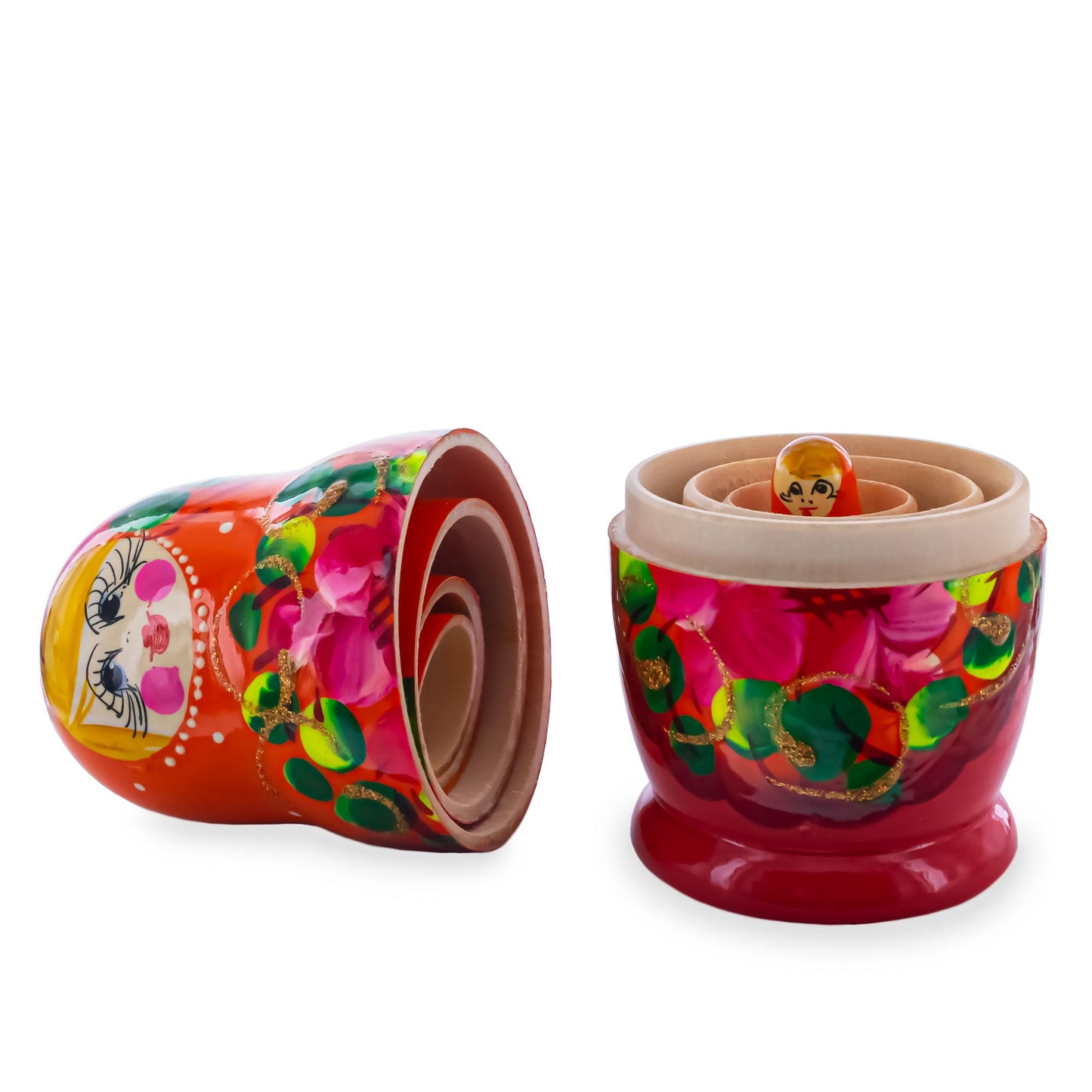 Orange Hood with Pink Flowers Wooden  Nesting Dolls