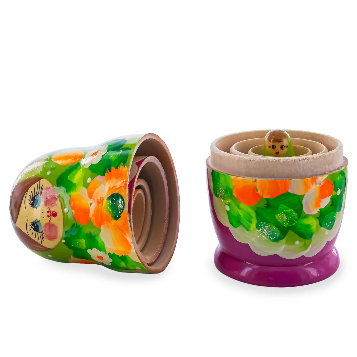Green Hood with Purple and White Flowers Wooden  Nesting Dolls
