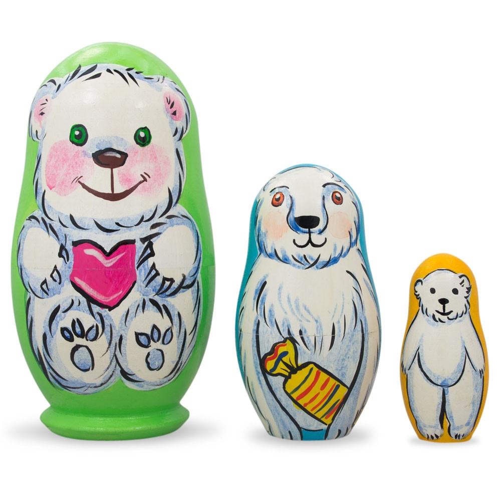 Set of 3 Bears with Heart Wooden Nesting Dolls 4.25 Inches