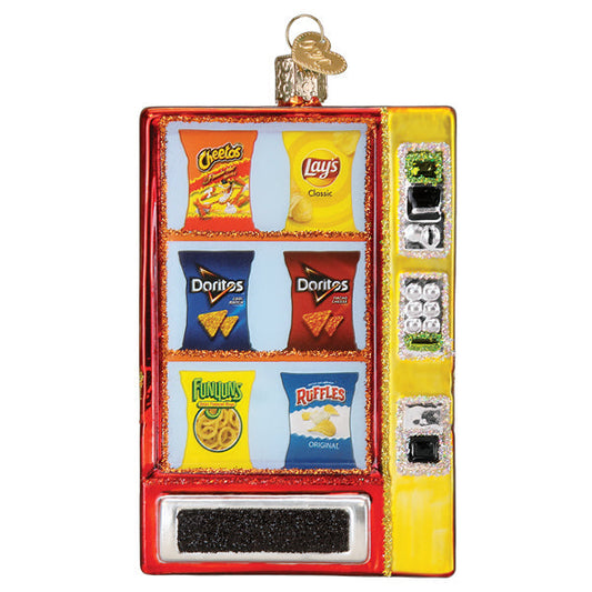 Frito Lay Vending Machine Glass Ornament featuring Cheetos, Doritos, Funyuns, Lay's, and Ruffles in a colorful design.