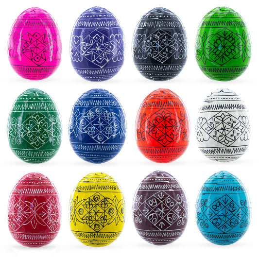 Set of 12 Multicolored Hand Painted Ukrainian Wooden Easter Eggs 2.5 Inches