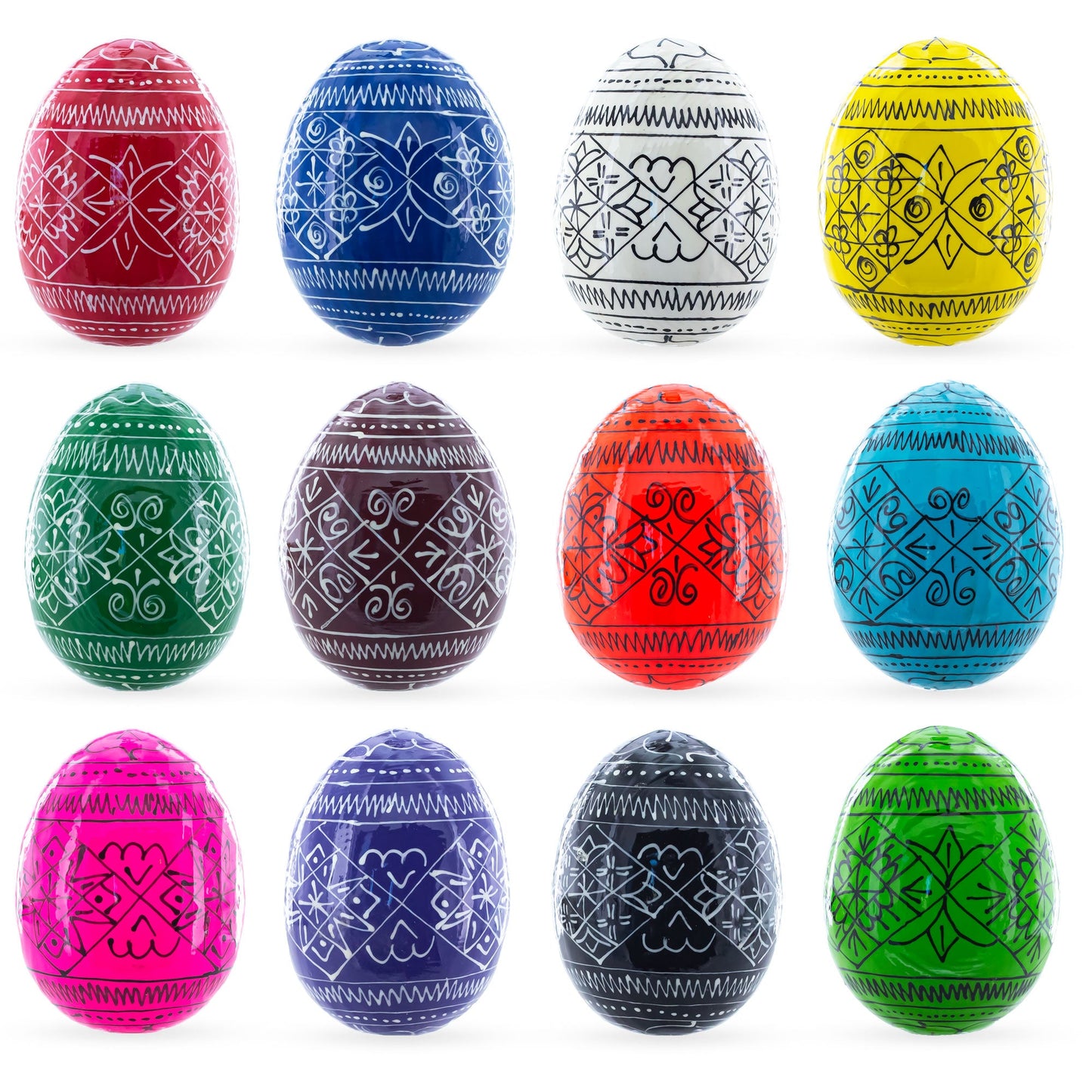Set of 12 Multicolored Hand Painted Ukrainian Wooden Easter Eggs 2.5 Inches