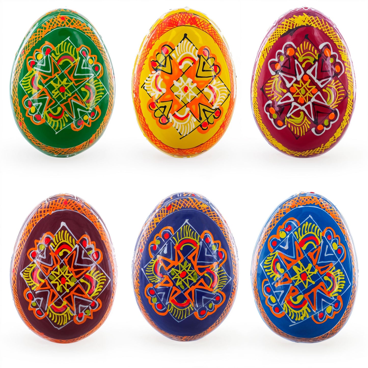 Set of 6 Folk Art Patterns Wooden Ukrainian Easter Eggs 2.5 Inches