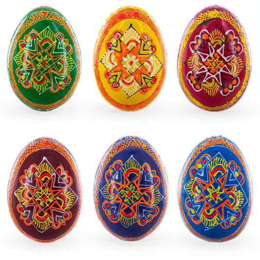 Set of 6 Folk Art Patterns Wooden Ukrainian Easter Eggs 2.5 Inches