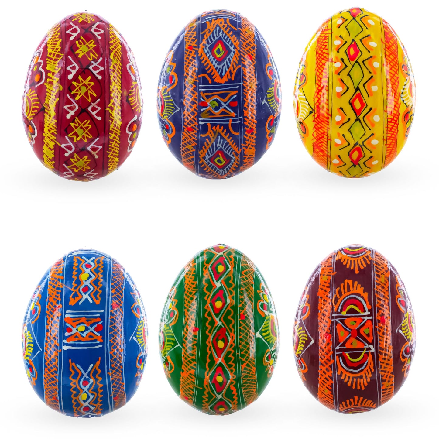 Set of 6 Folk Art Patterns Wooden Ukrainian Easter Eggs 2.5 Inches