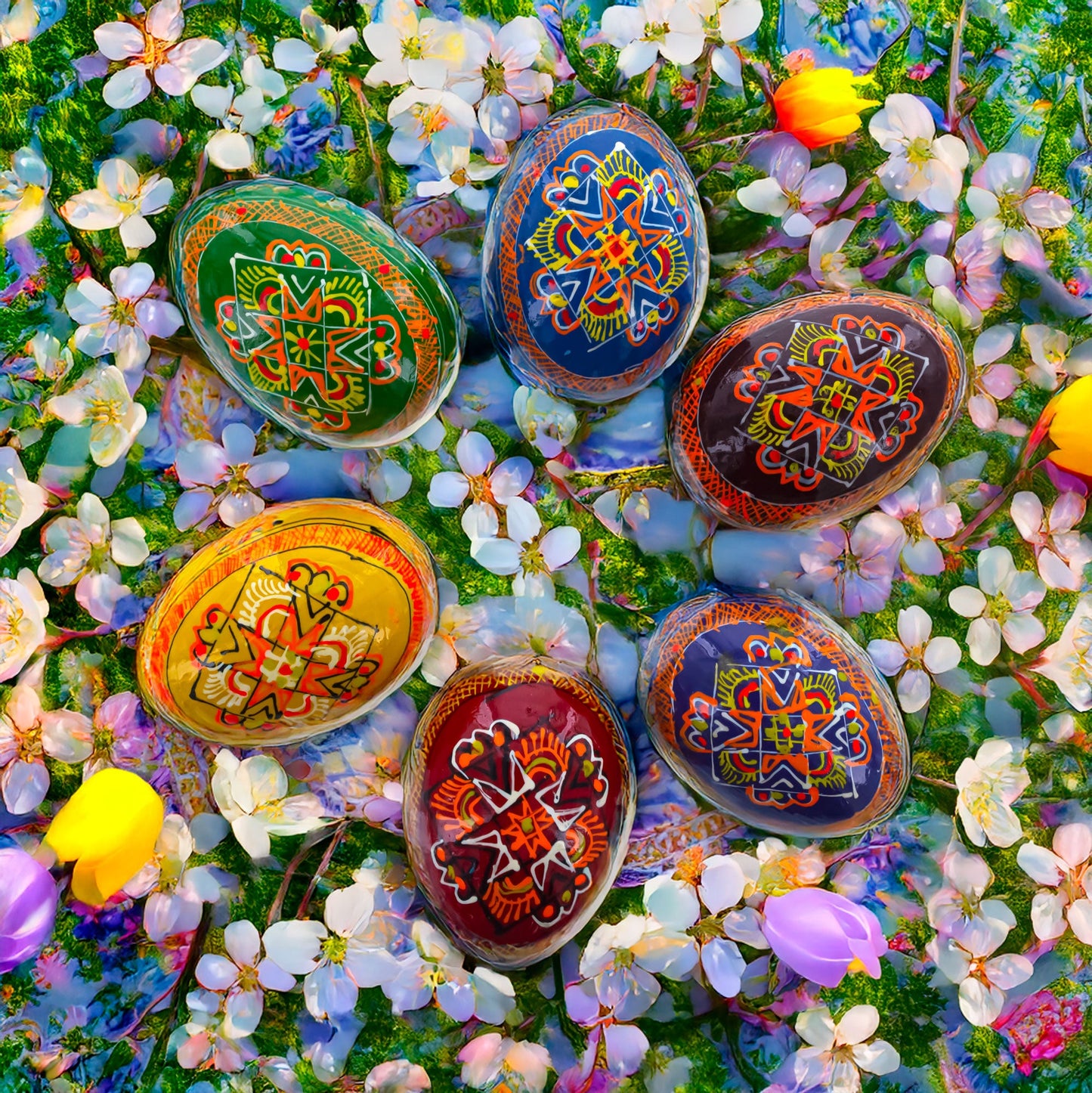 Set of 6 Folk Art Patterns Wooden Ukrainian Easter Eggs 2.5 Inches