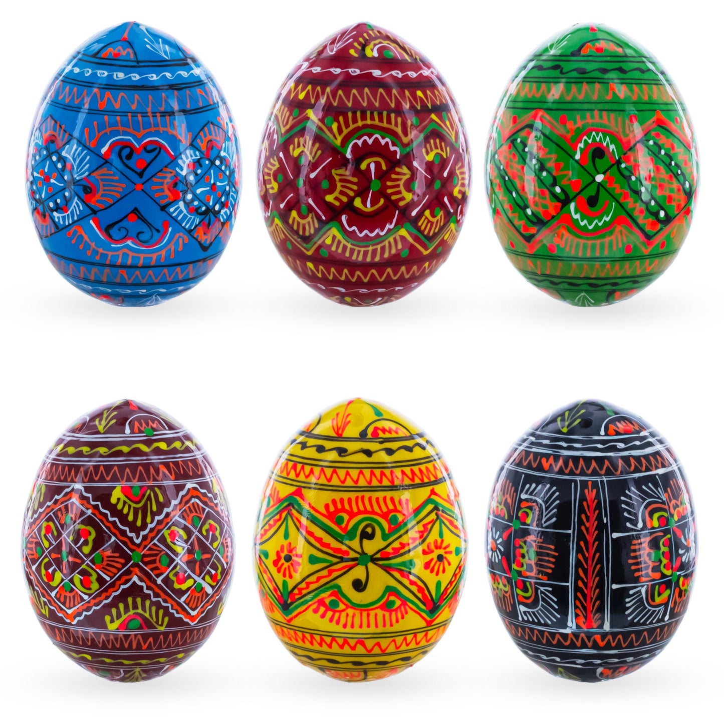 Set of 6 Geometric Pysanky Ukrainian Wooden Easter Eggs 2.5 Inches