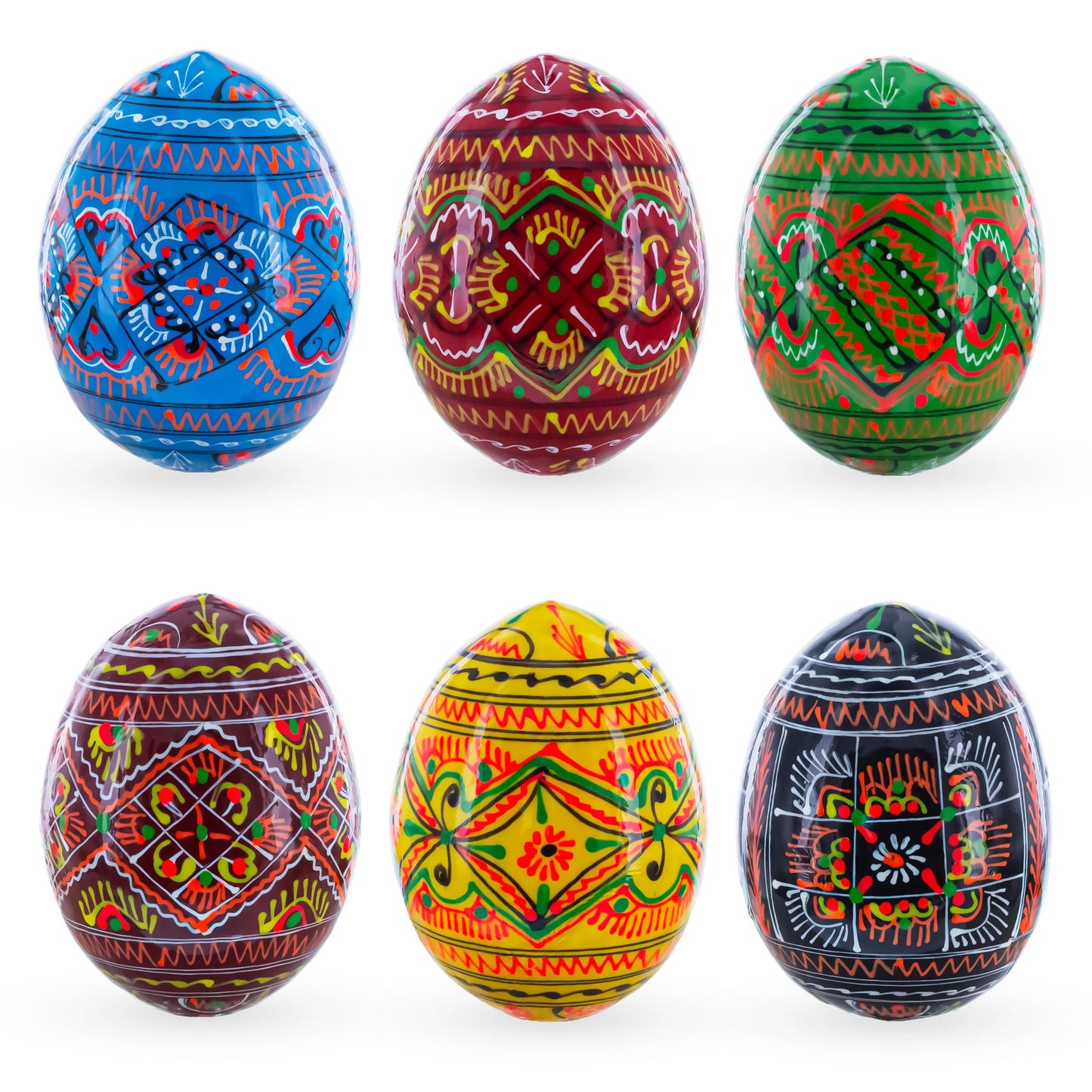 Set of 6 Geometric Pysanky Ukrainian Wooden Easter Eggs 2.5 Inches