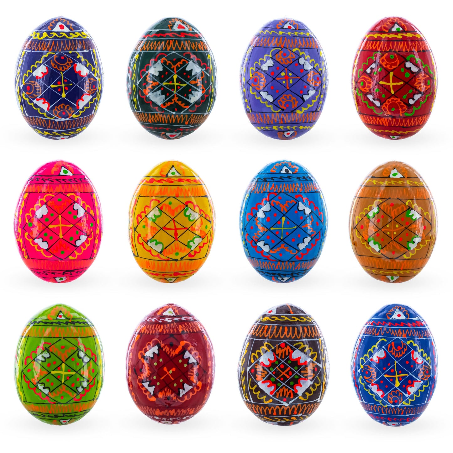Set of 12 Handcrafted Geometric Ukrainian Pysanky Wooden Easter Eggs 2.5 Inches