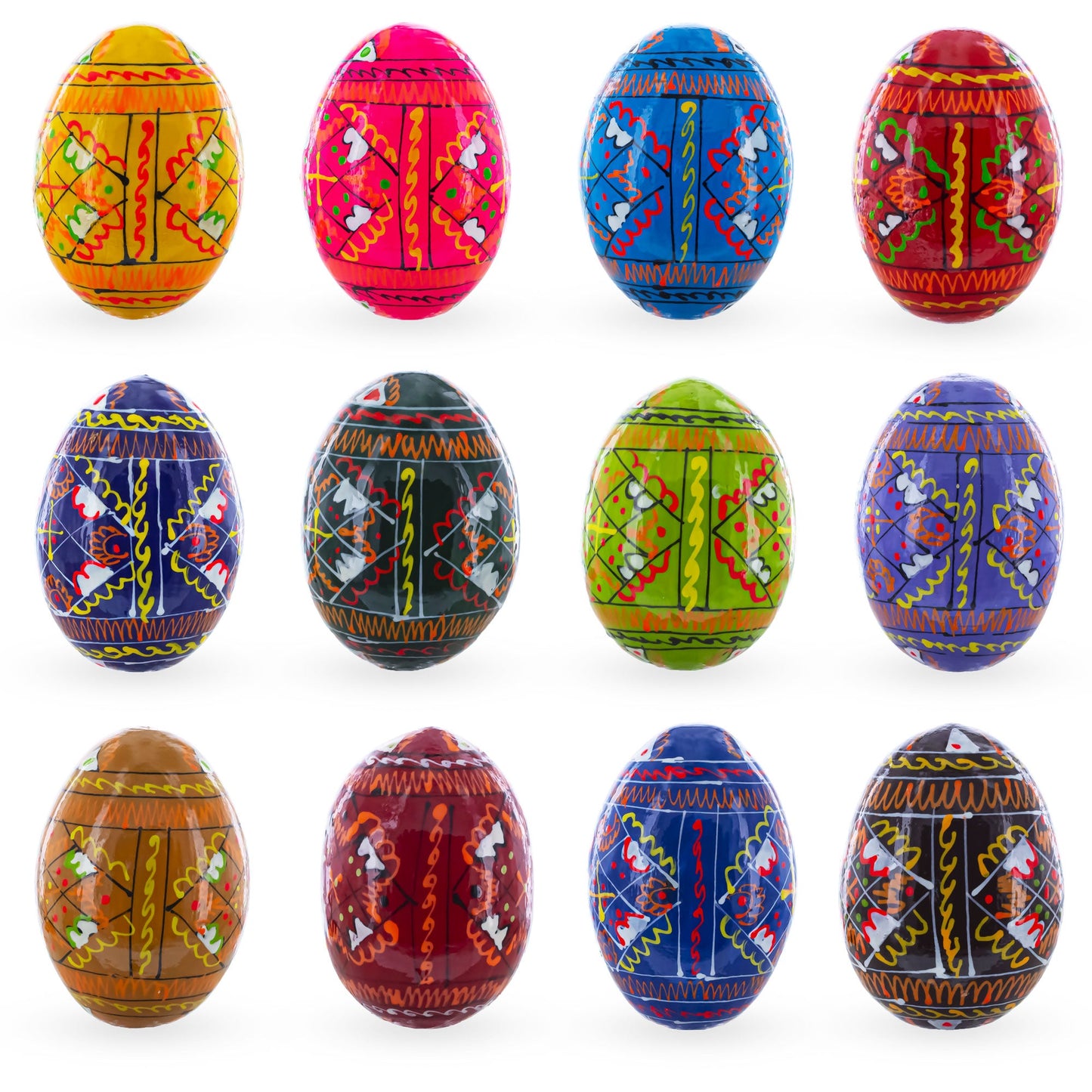 Set of 12 Handcrafted Geometric Ukrainian Pysanky Wooden Easter Eggs 2.5 Inches