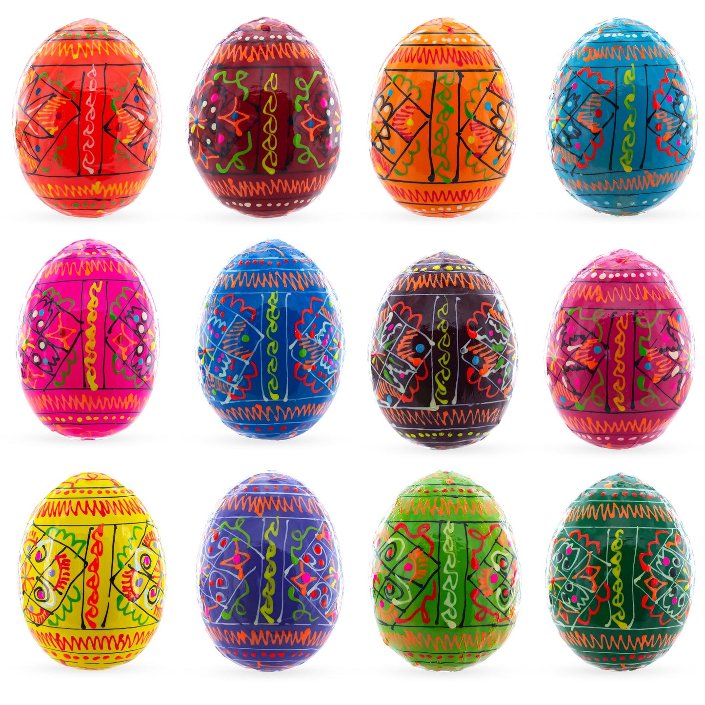 Set of 12 Geometrical Wooden Ukrainian Easter Eggs Pysanky 2.5 Inches