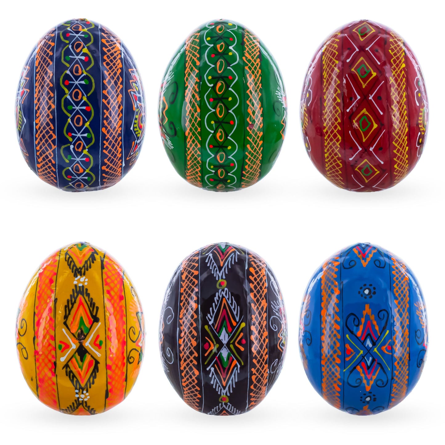 Set of 6 Multicolor Ukrainian Pysanky Wooden Easter Eggs 2.5 Inches