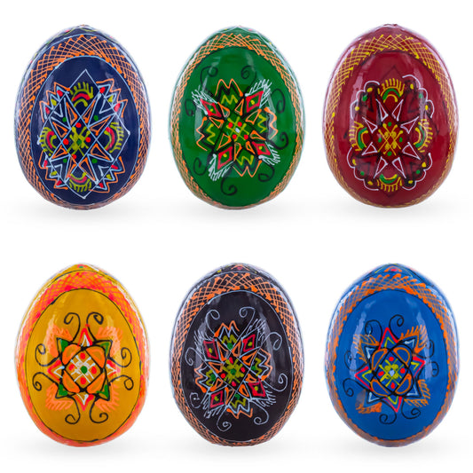 Set of 6 Multicolor Ukrainian Pysanky Wooden Easter Eggs 2.5 Inches