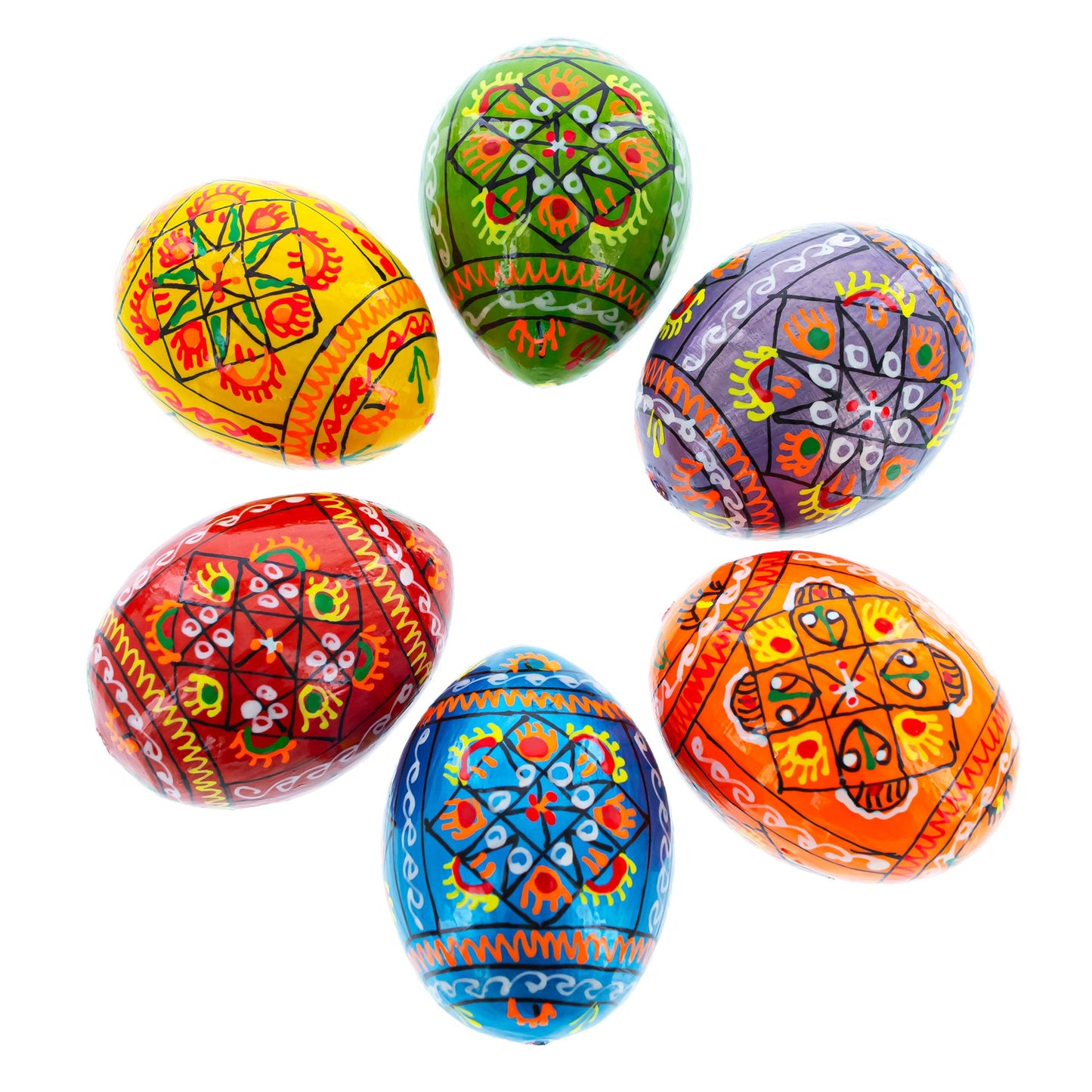 Set of 6 Pearlized Ukrainian Pysanky Wooden Easter Eggs 2.5 Inches