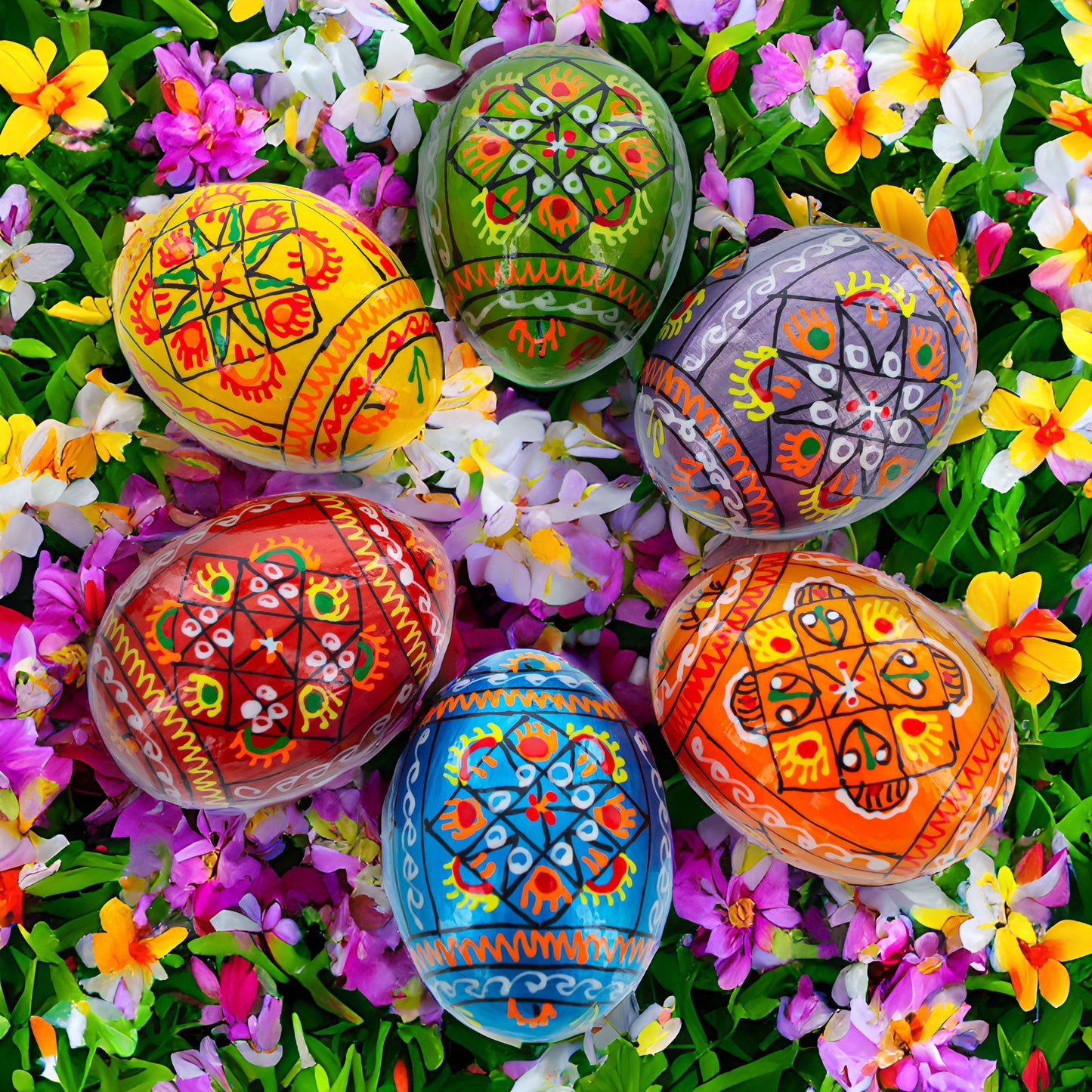 Set of 6 Pearlized Ukrainian Pysanky Wooden Easter Eggs 2.5 Inches